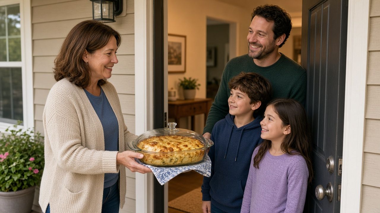 Neighbor dropping off a homemade meal for a family